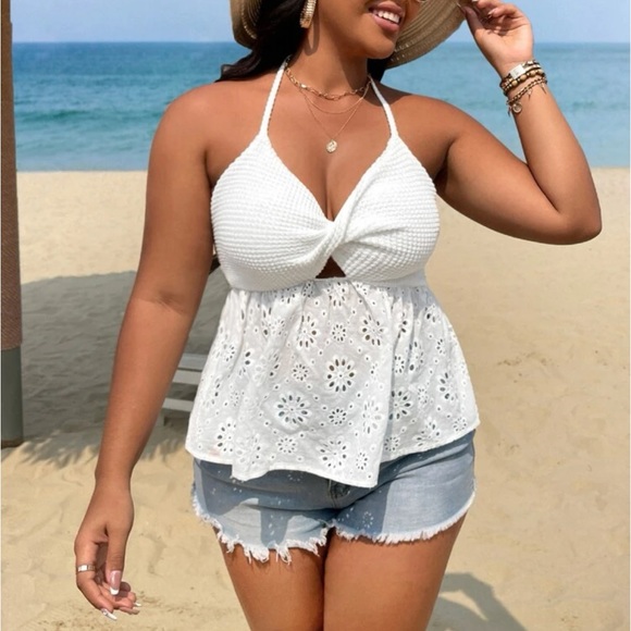 Boho Plus Size Eyelet Twisted Front Cut Out Halter Top White - Picture 6 of 6
